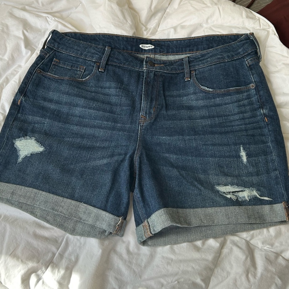 Dark Blue Jean Shorts with Distressed Details